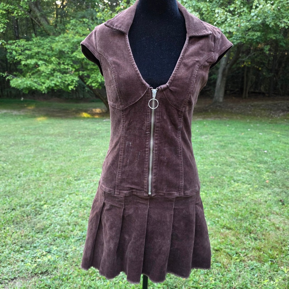 FOREVER 21 Womens M Brown Corduroy Mini Dress Zip Front Pleated 90s Y2K Grunge
